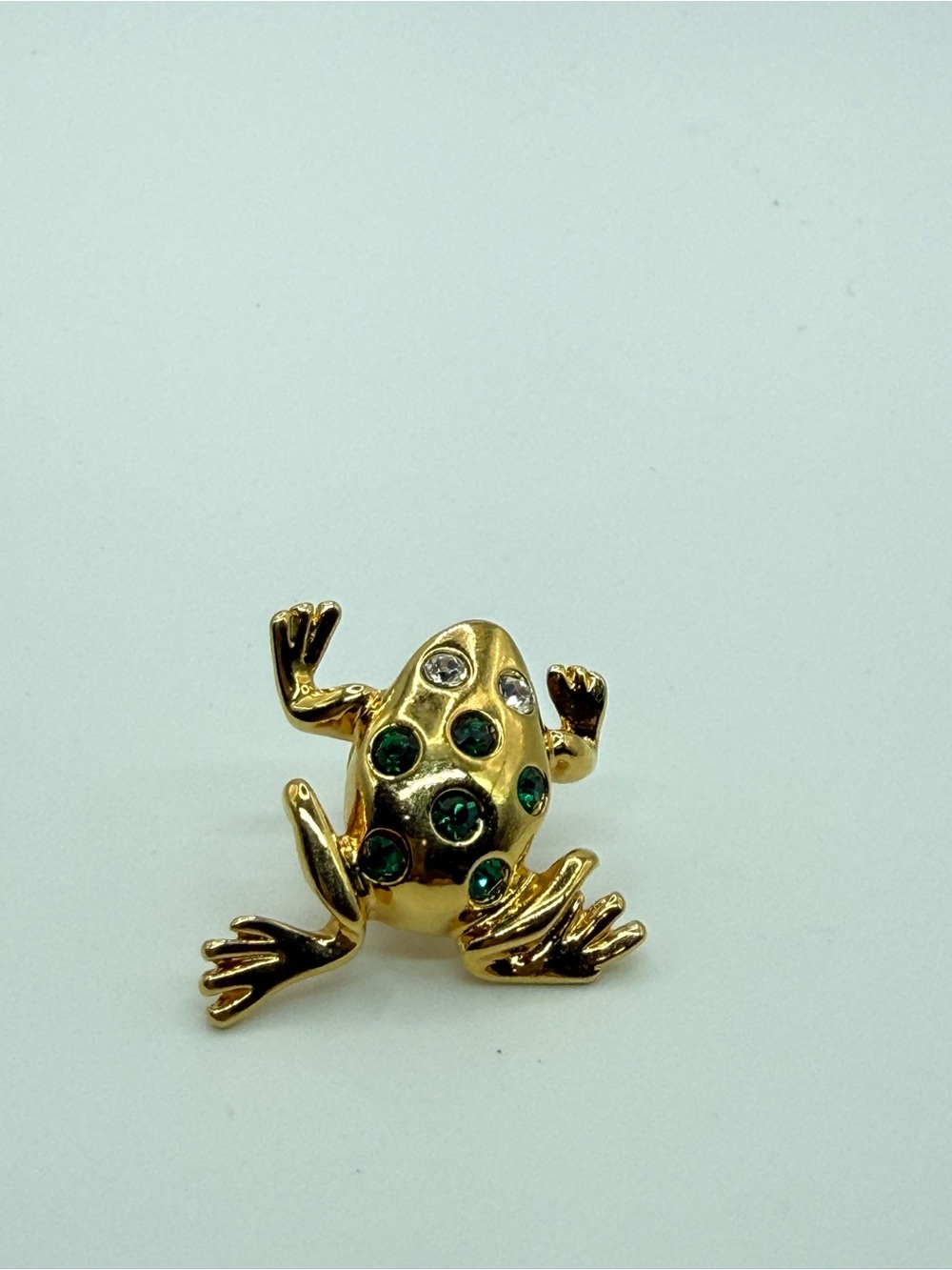 Avon Gold Tone Green Rhinestone Frog Brooch Pin Figural Vintage